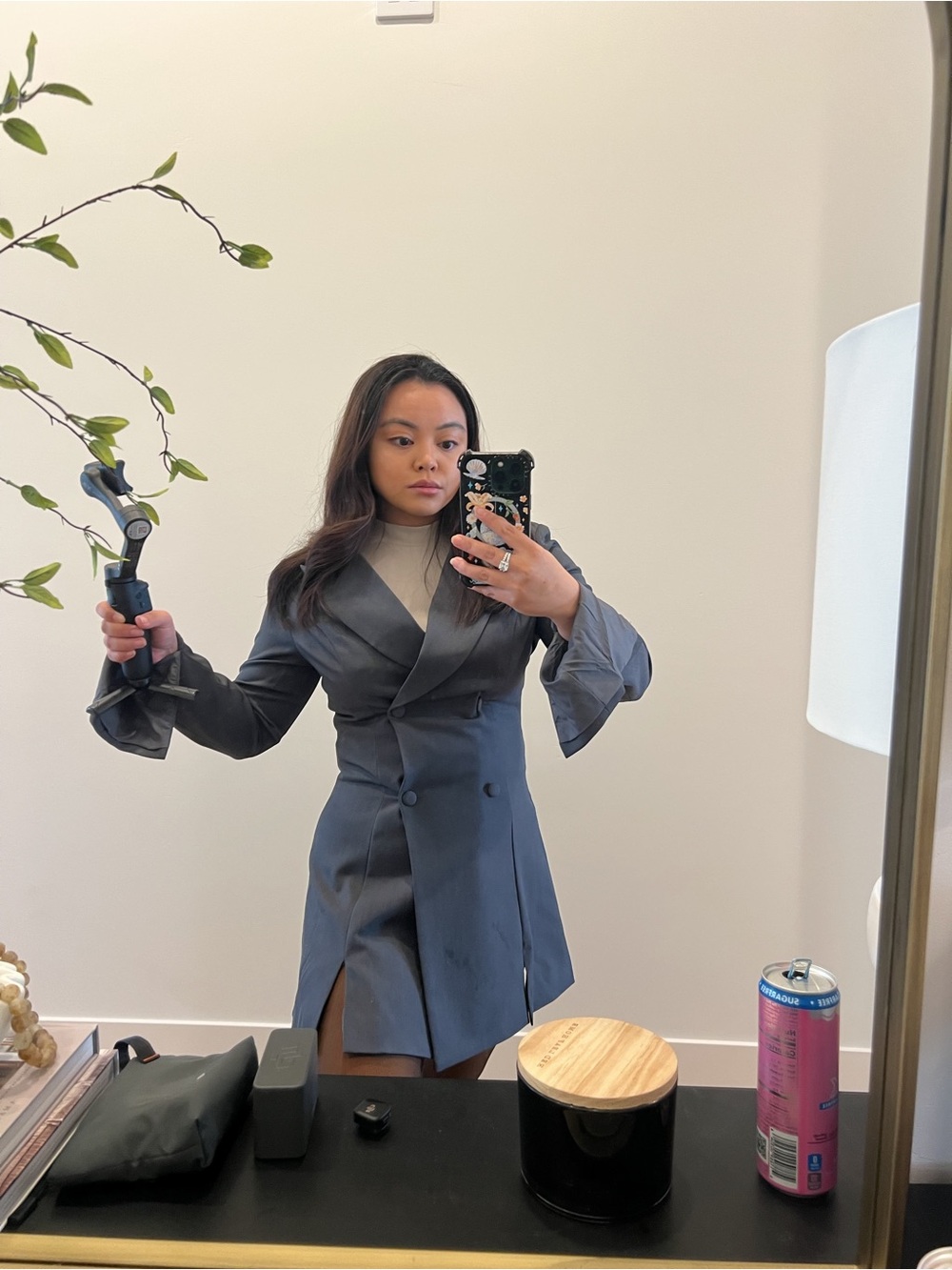 Long Sleeve Double-Breasted Grey Blazer Dress